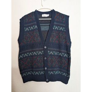The Mens Store Mens Sweater Vest Size L‎ Knitted VTG 90s Button Up Blue Grandpa
